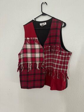 Victoria Jones Red Plaid Patchwork Fringe Vest